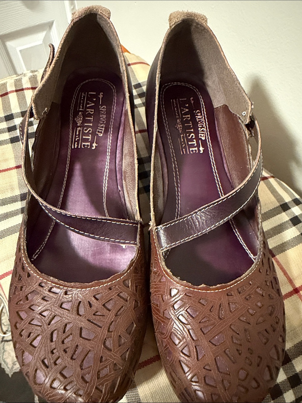 L'ATISTE Brown Mary Jane Cutout Flats with Purple Insole. Size 41 European